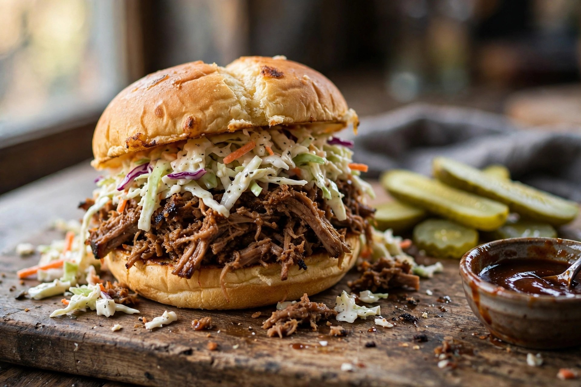 Heaped pulled pork sandwich with coleslaw on a brioche bun with pickles and sauce on a wooden board