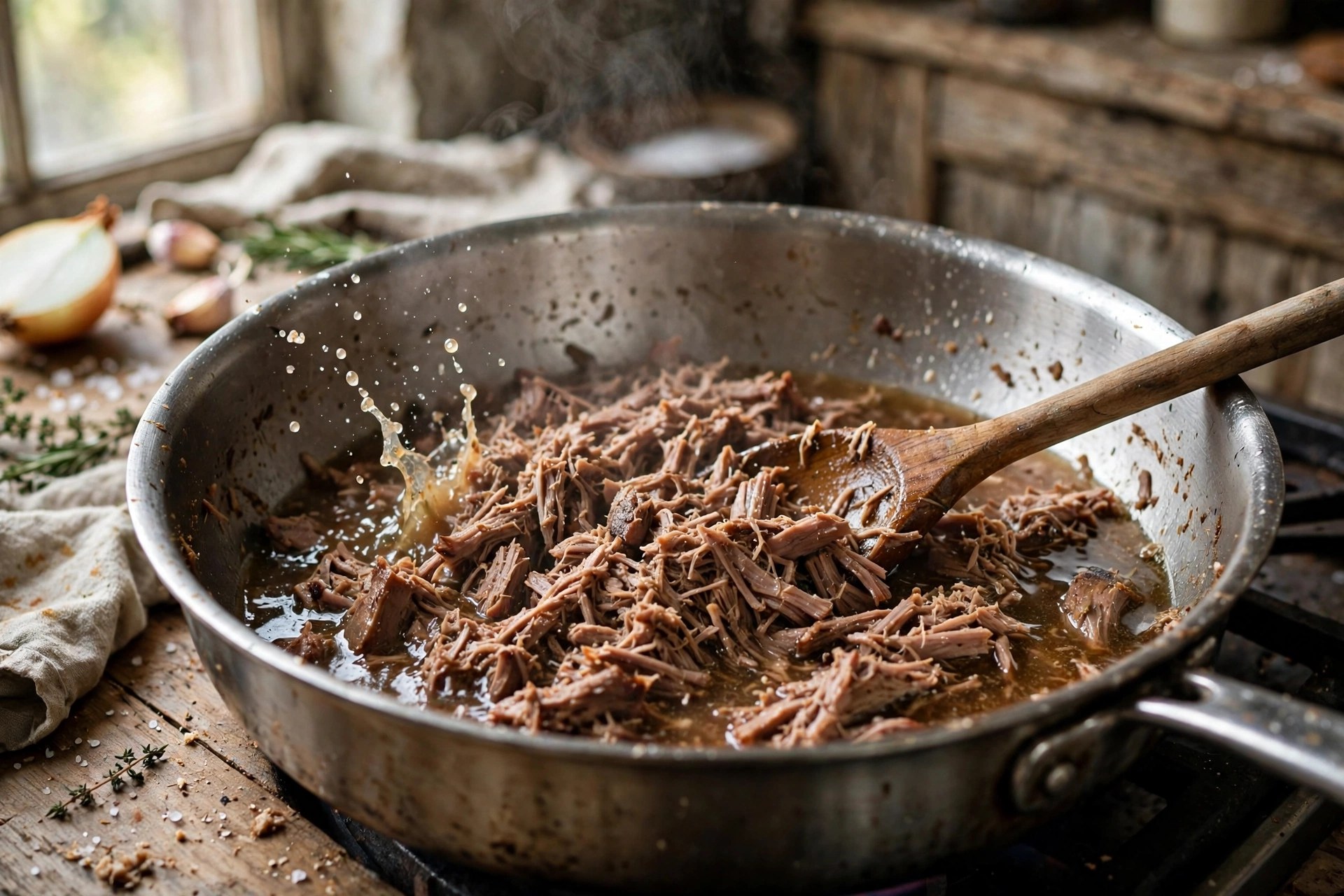 Pulled pork warming in a stainless steel skillet with broth being stirred with a wooden spoon as steam rises