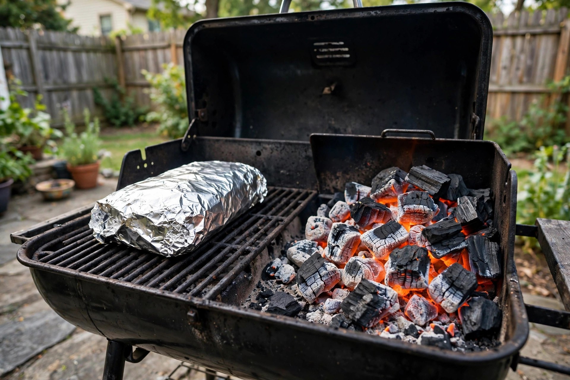 Foil-wrapped ribs reheating on a grill over indirect heat with the lid closed