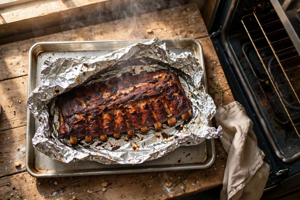 Rack of smoked ribs wrapped in foil steaming on a sheet pan beside an oven