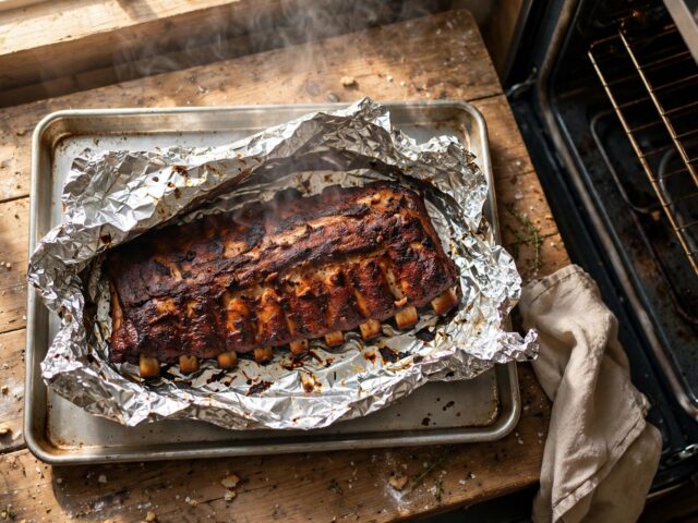 Rack of smoked ribs wrapped in foil steaming on a sheet pan beside an oven