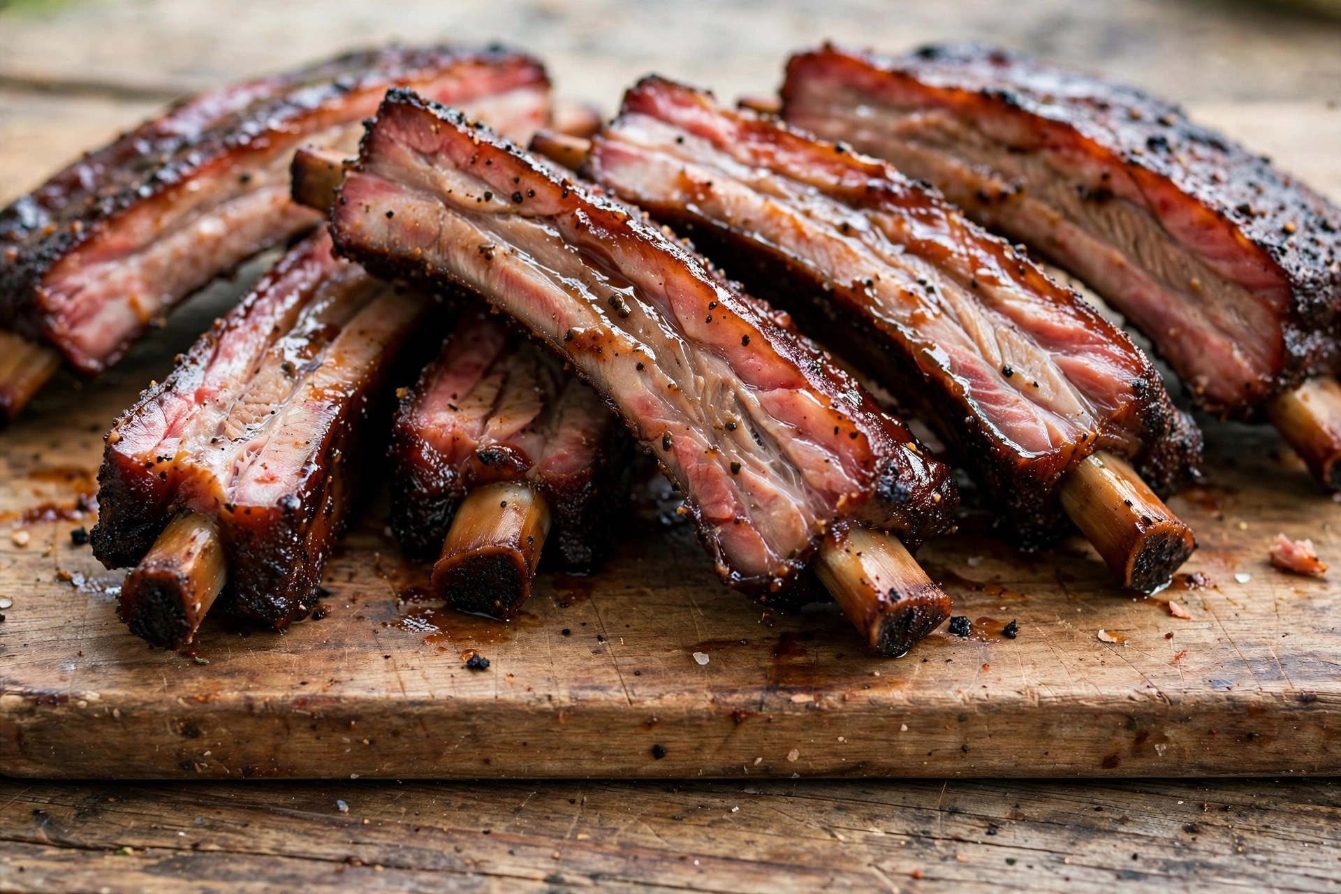 Sliced reheated ribs on a wooden board showing juicy glistening meat