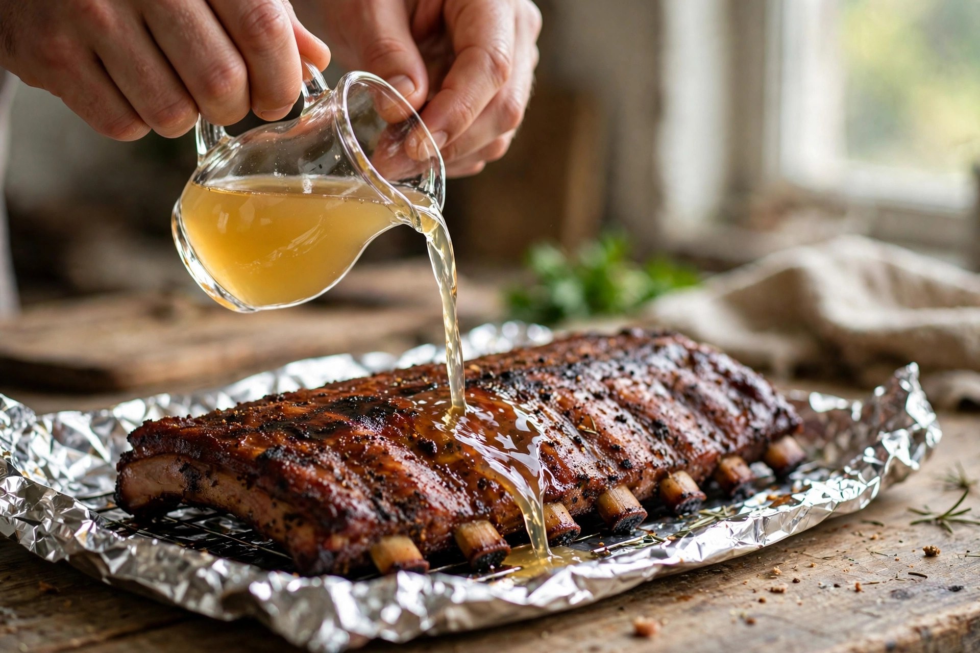 Hands wrapping a rack of smoked ribs in aluminum foil with a splash of apple juice added