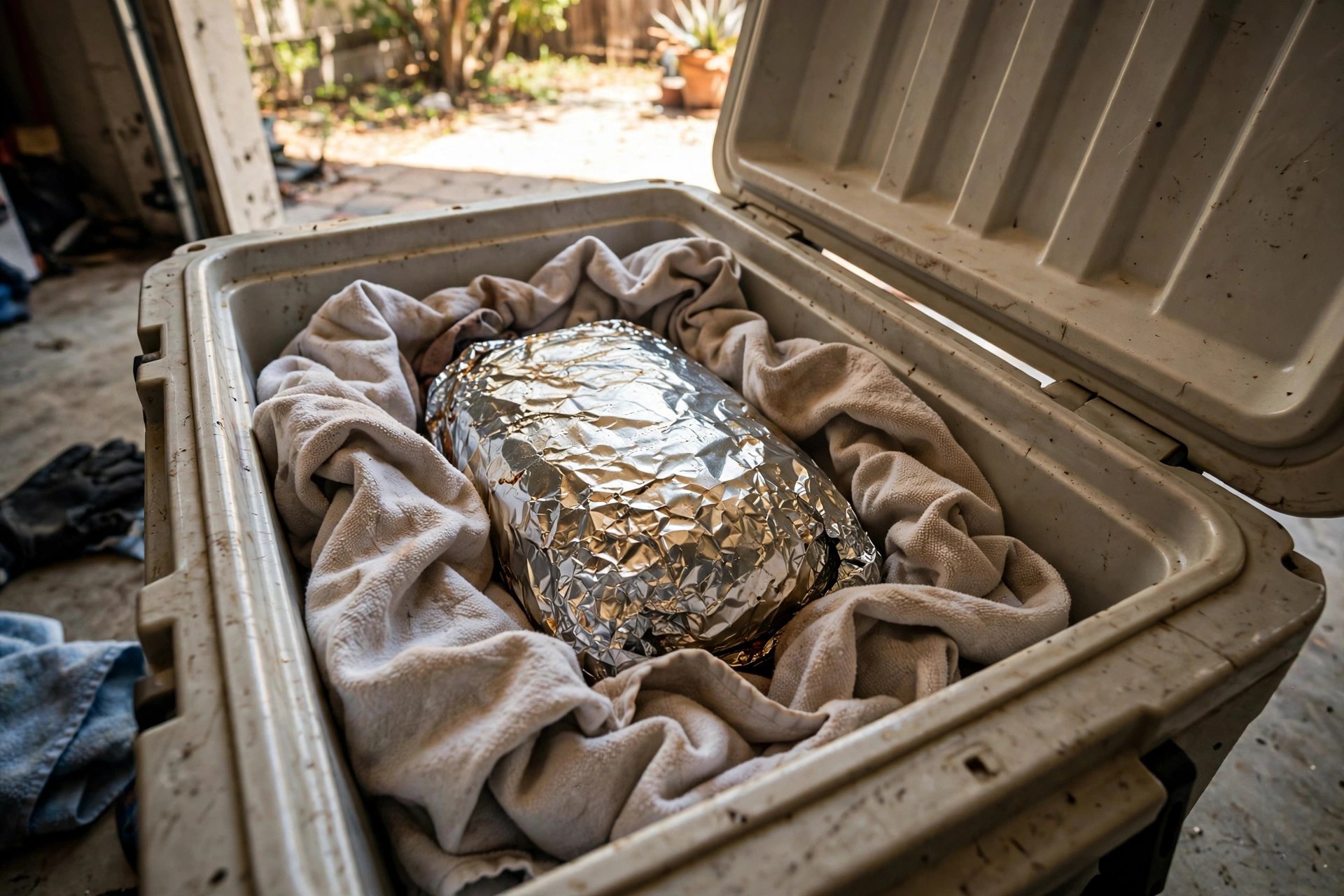 Foil-wrapped brisket nestled in towels inside an open cooler, the faux cambro resting method