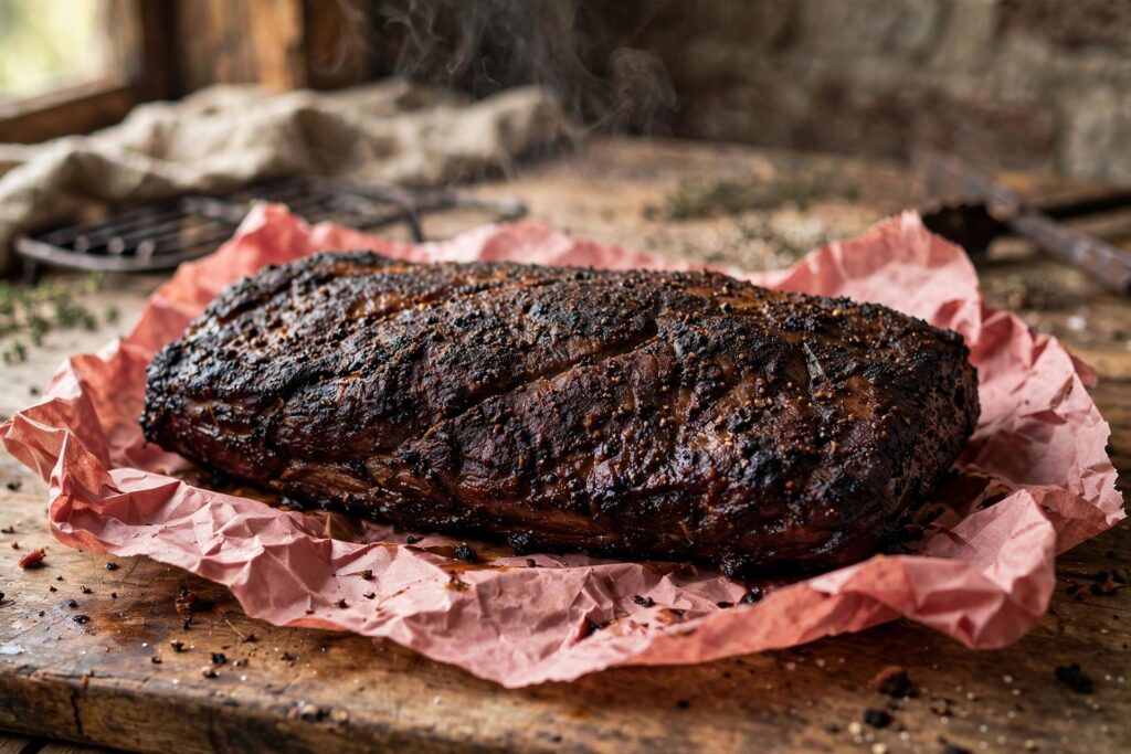 Whole smoked beef brisket with dark bark resting on pink butcher paper on a cutting board
