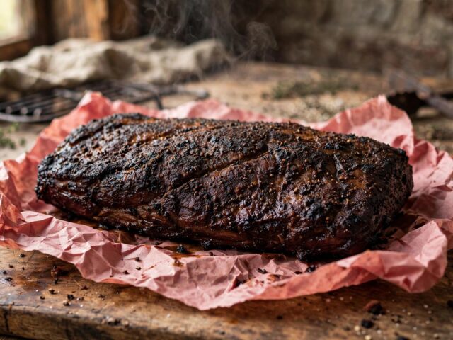 Whole smoked beef brisket with dark bark resting on pink butcher paper on a cutting board