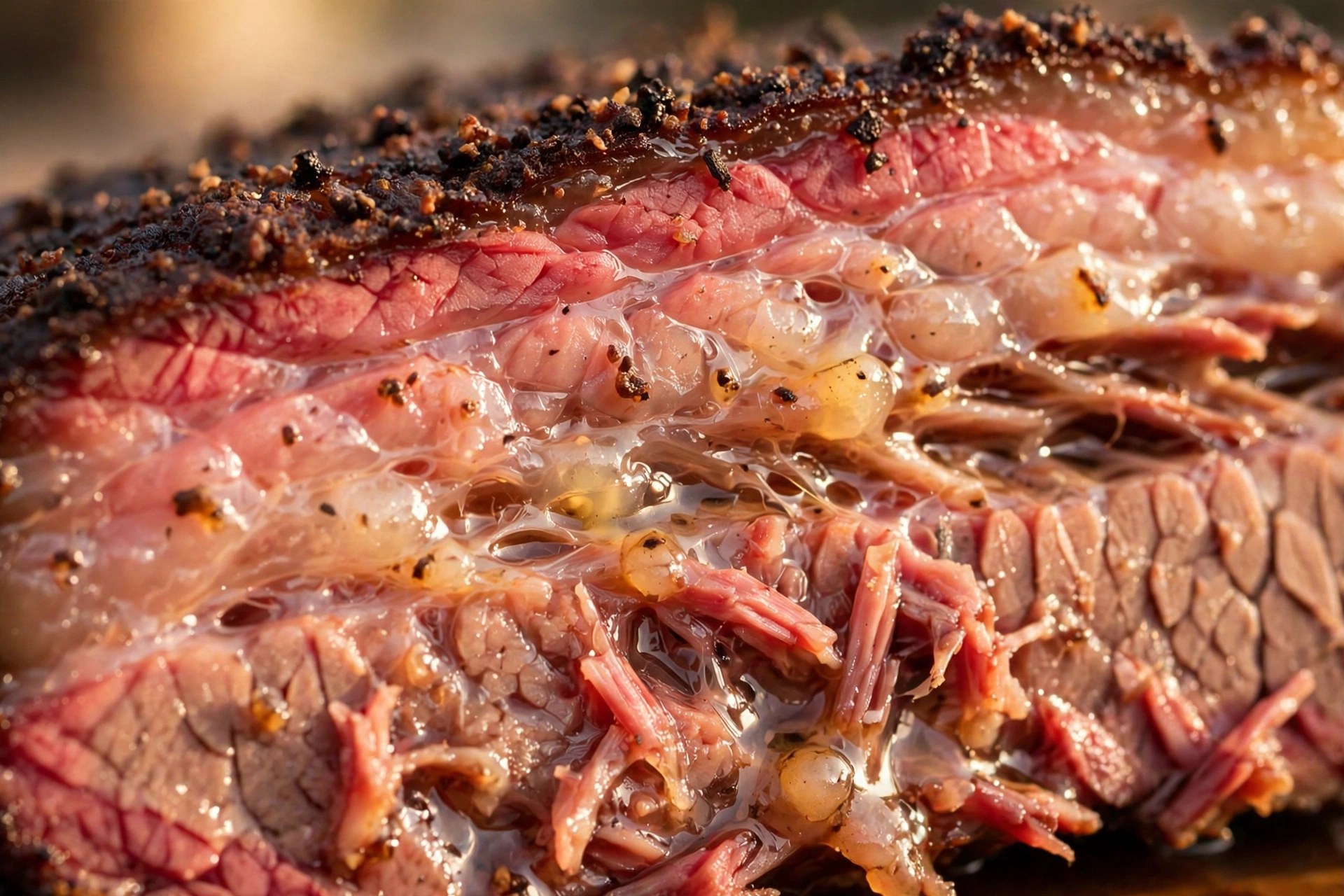 Close-up of a juicy smoked brisket slice showing smoke ring, rendered fat and moist fibers