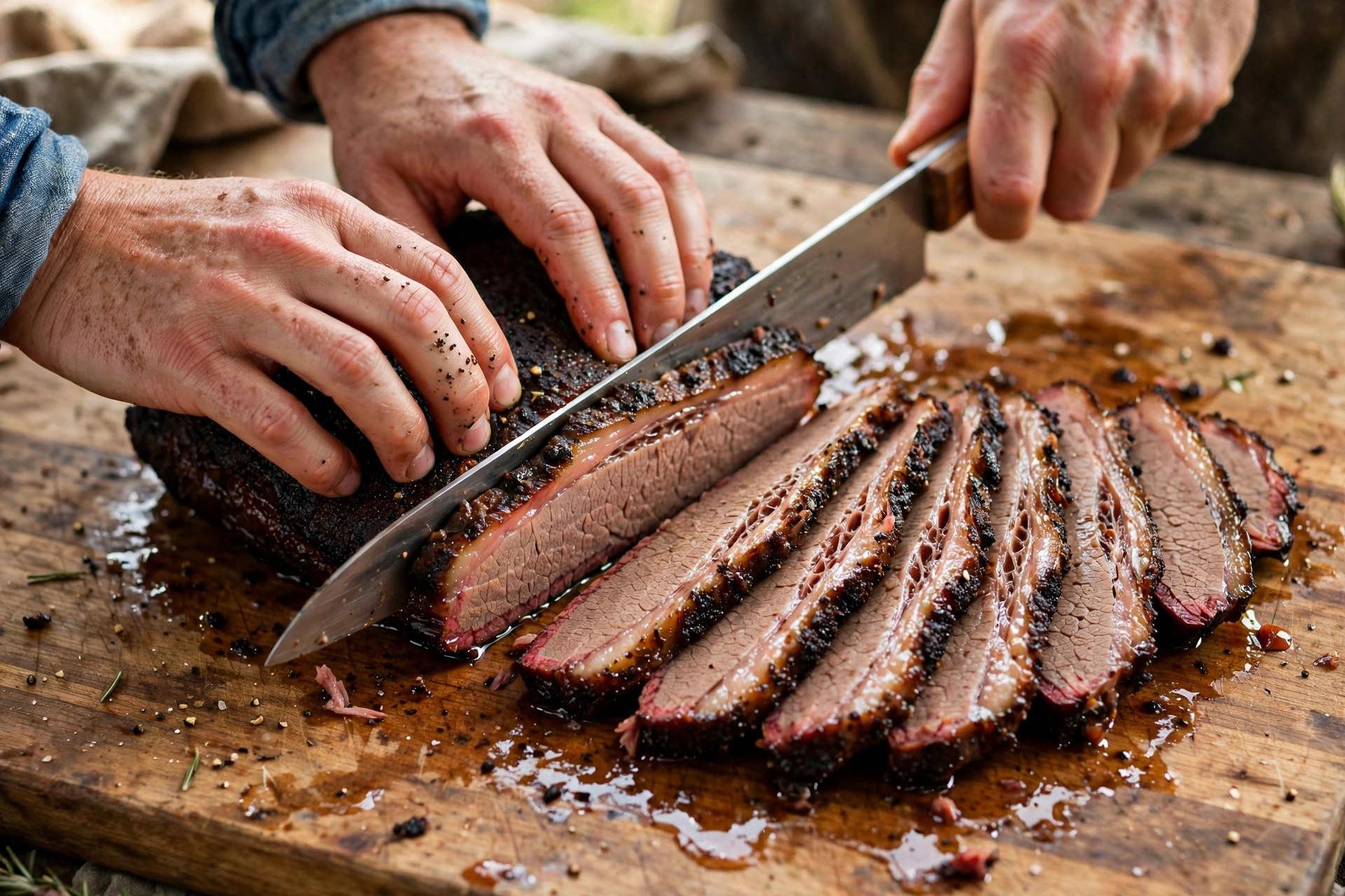 Hands slicing rested brisket against the grain with juices pooling on a wooden cutting board