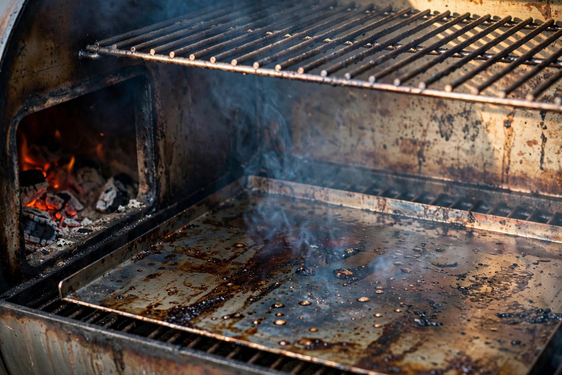 Smoke drifting low over the steel baffle plate inside an open reverse flow smoker cook chamber