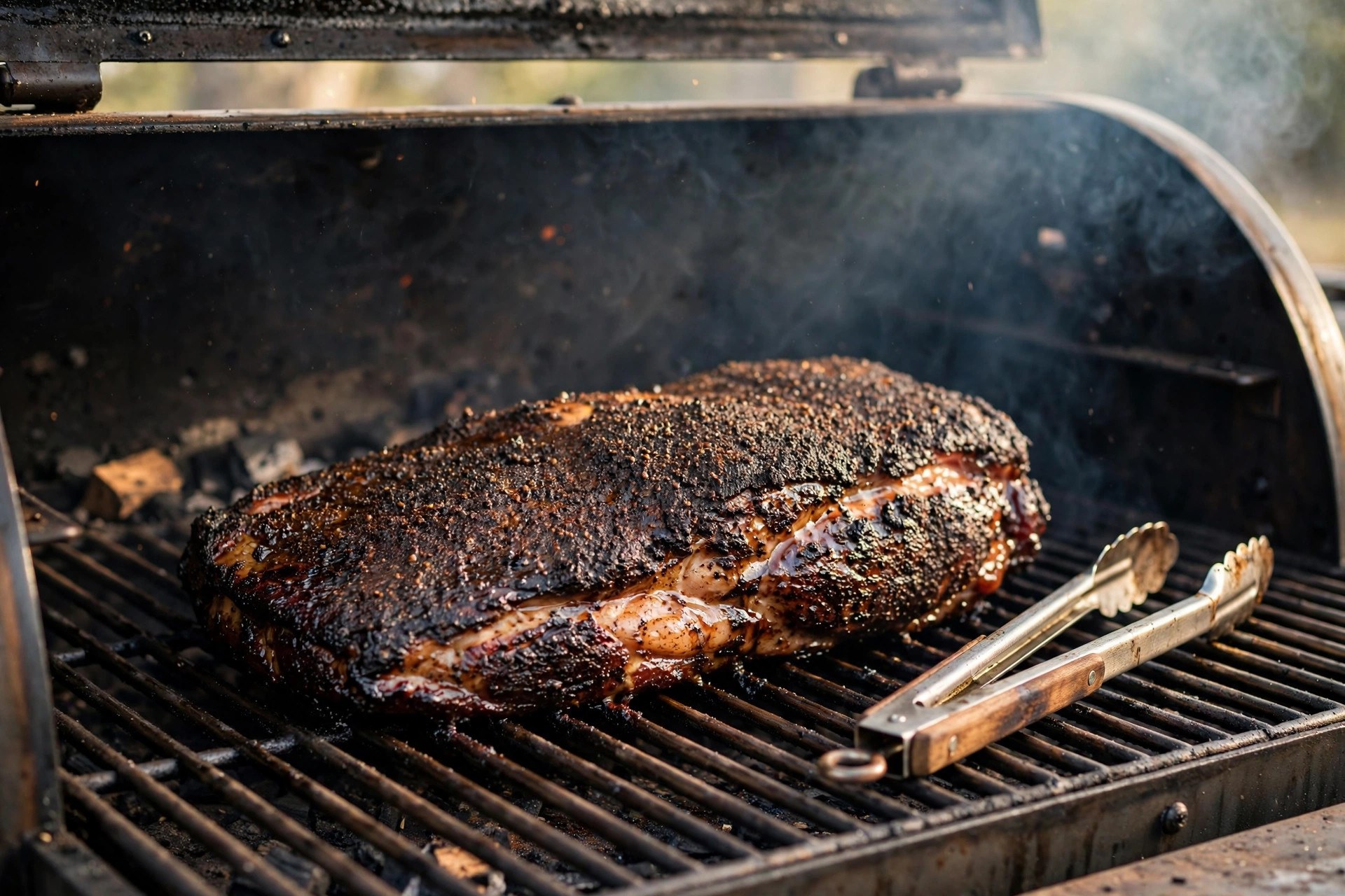 A whole packer brisket with dark bark cooking on the grates inside a reverse flow smoker