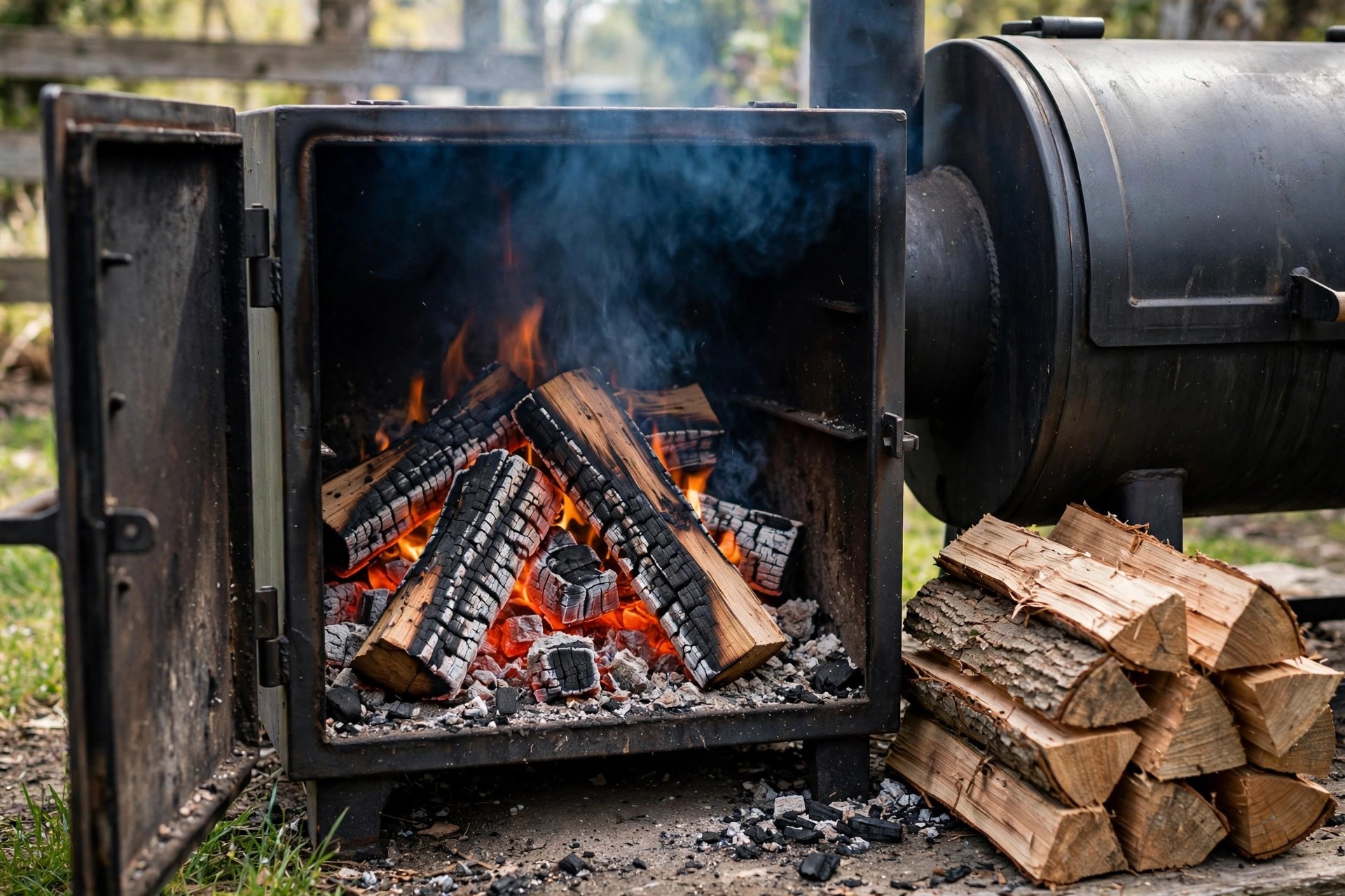An offset smoker firebox open with glowing oak splits and embers, stacked wood beside it