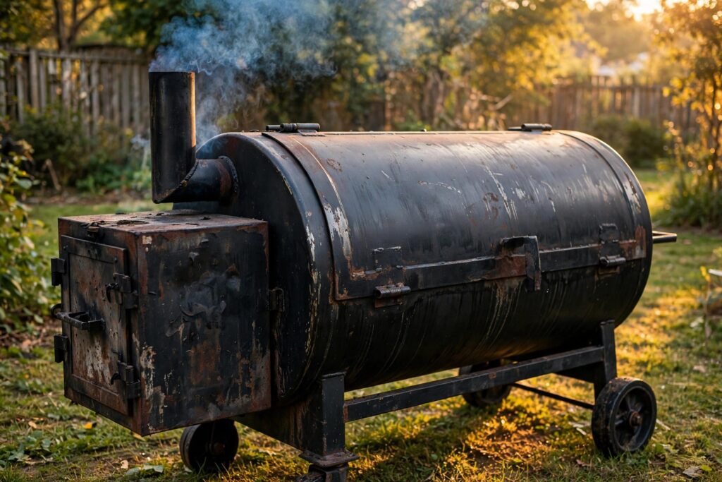 A reverse flow offset smoker in a backyard at golden hour with thin smoke rising from the chimney