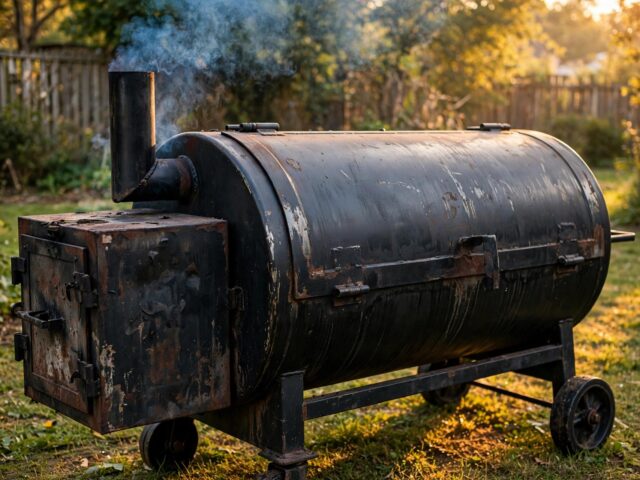A reverse flow offset smoker in a backyard at golden hour with thin smoke rising from the chimney