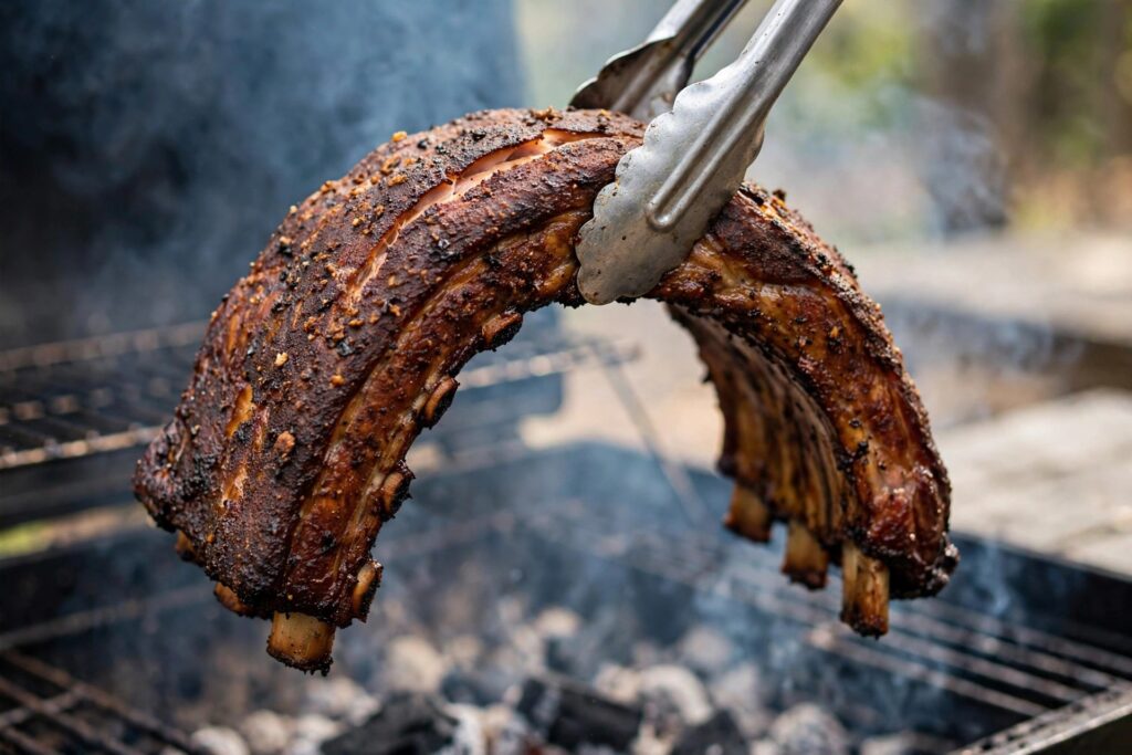 Rack of smoked pork ribs bending in a U-shape held by tongs over the grill