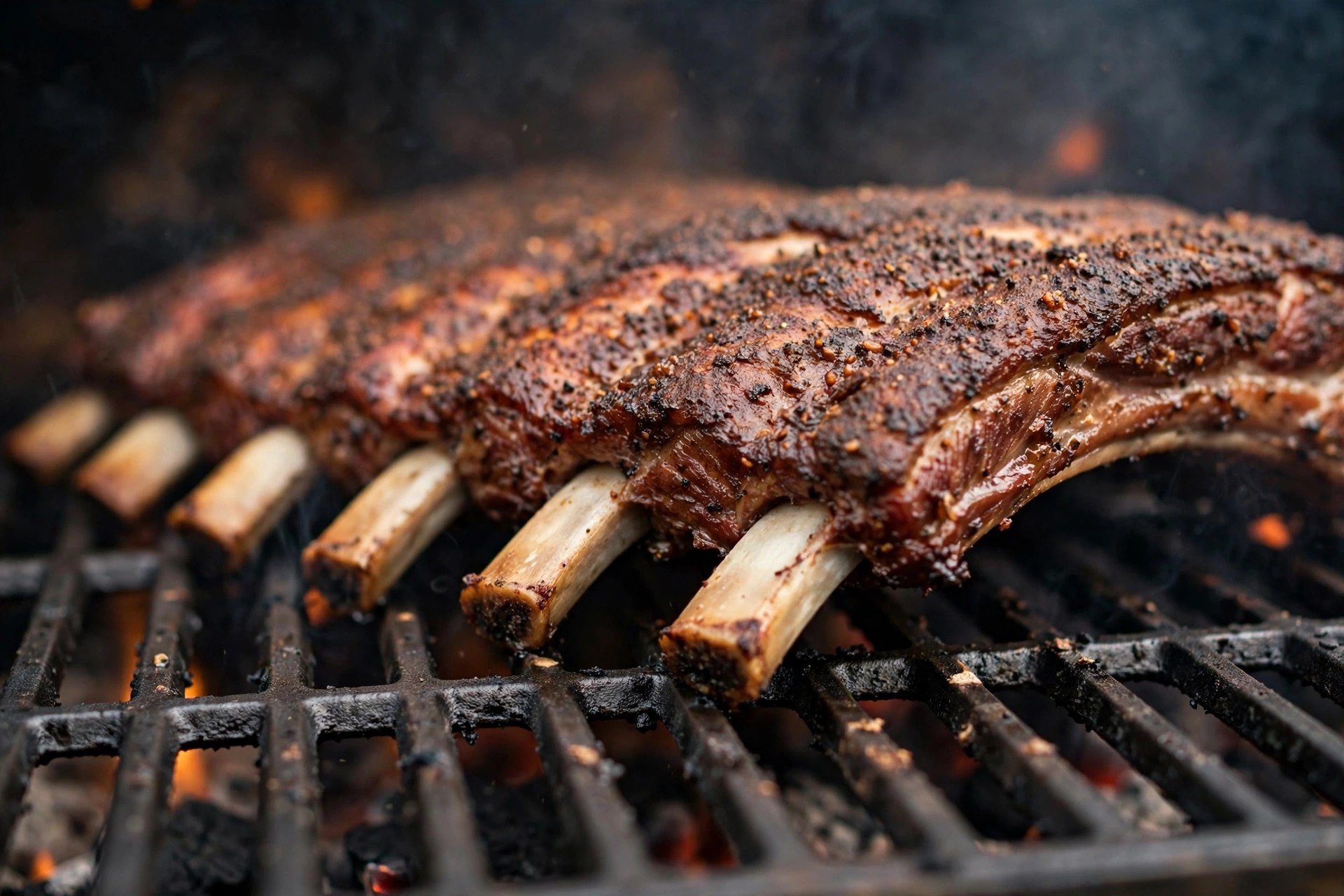 Side view close-up of ribs on smoker grates bone-side down, curved bones lifting the meat slightly above the hot metal