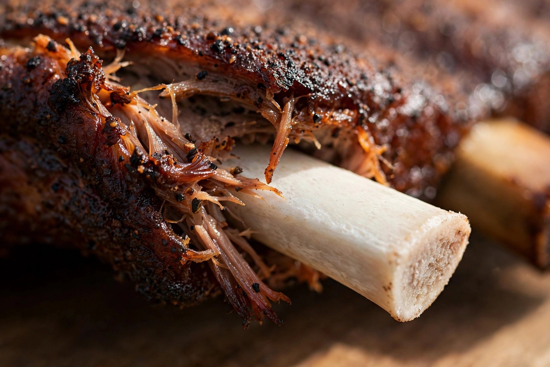 Close-up of smoked rib bones with meat pulled back exposing clean bone tips