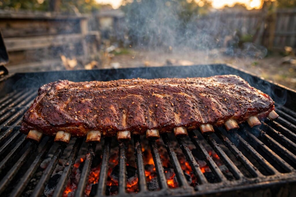 Seasoned rack of pork ribs on smoker grates bone-side down with thin smoke rising and glowing embers below