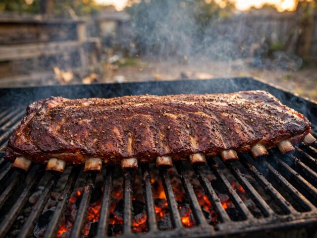 Seasoned rack of pork ribs on smoker grates bone-side down with thin smoke rising and glowing embers below