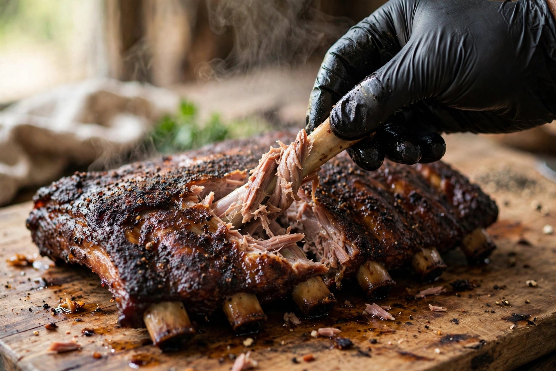 Gloved hand gently twisting a rib bone in a finished rack of smoked ribs