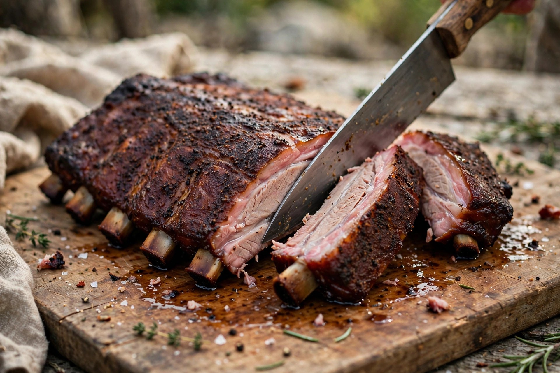 Finished rack of smoked ribs with dark mahogany bark being sliced between the bones on a wooden cutting board