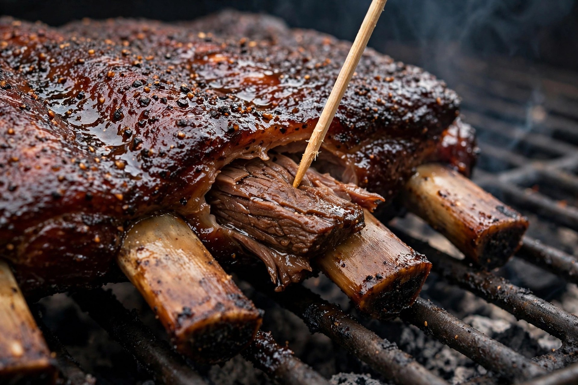 Wooden skewer sliding easily into tender rib meat between the bones