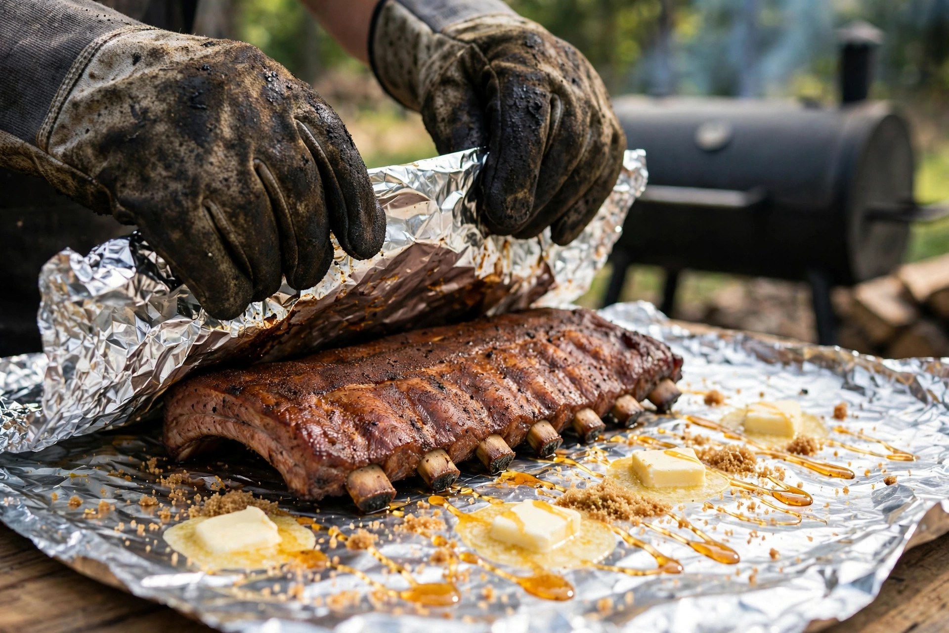 Rack of smoked ribs being wrapped in foil with pats of butter, honey drizzle and brown sugar on an outdoor table