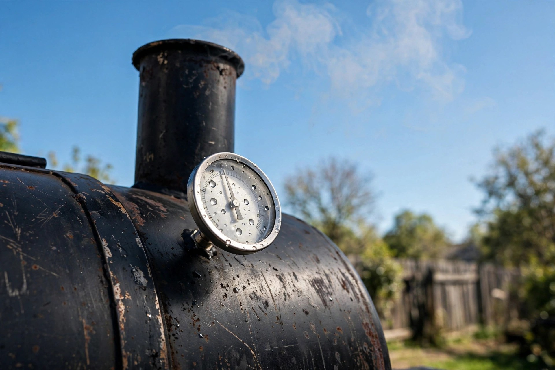 Smoker chimney stack with thin smoke rising and a thermometer dial on the smoker body