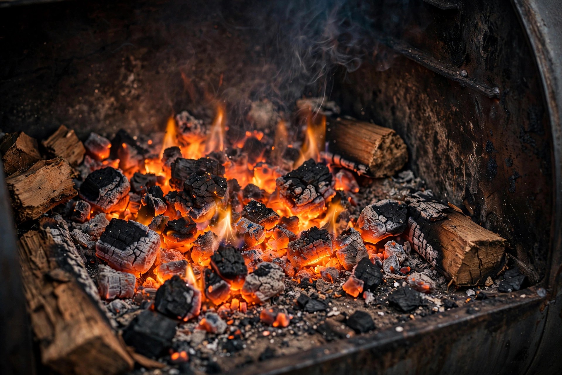 Glowing charcoal and embers burning inside a smoker firebox during seasoning