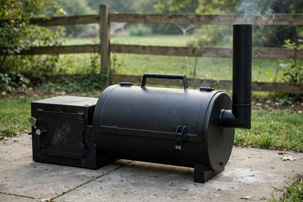 Brand new black offset smoker in a backyard with a thin wisp of smoke curling from the chimney