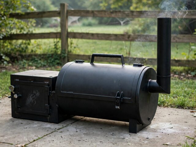 Brand new black offset smoker in a backyard with a thin wisp of smoke curling from the chimney