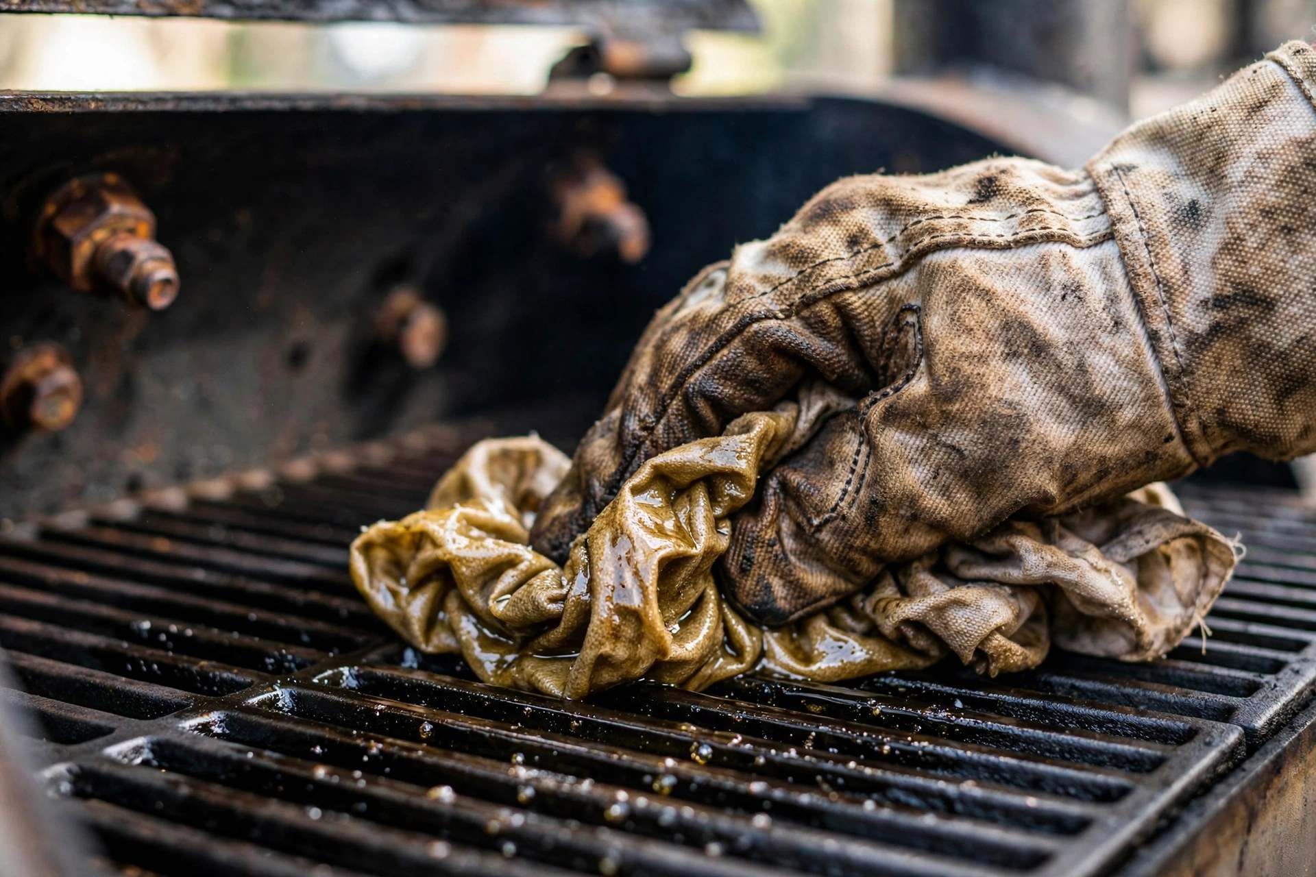 Gloved hand wiping a thin coat of cooking oil onto smoker grates with a cloth