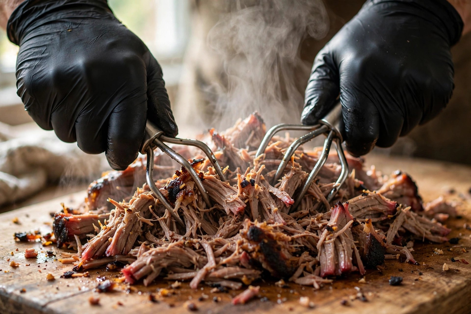 Hands in black gloves shredding smoked pulled pork with meat claws on a wooden board