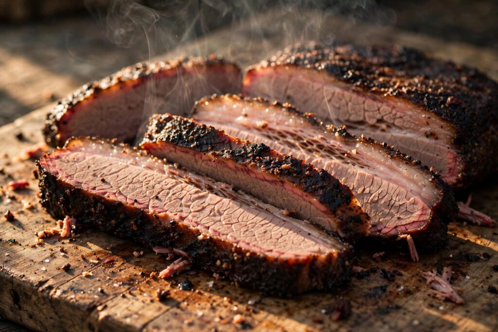 Sliced smoked beef brisket with dark bark and pink smoke ring arranged on a wooden cutting board