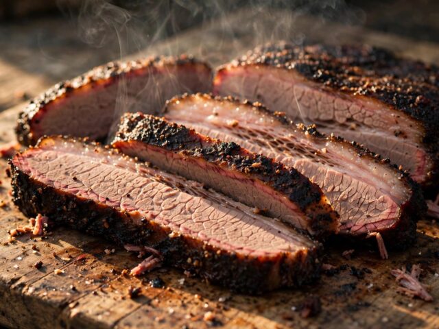 Sliced smoked beef brisket with dark bark and pink smoke ring arranged on a wooden cutting board