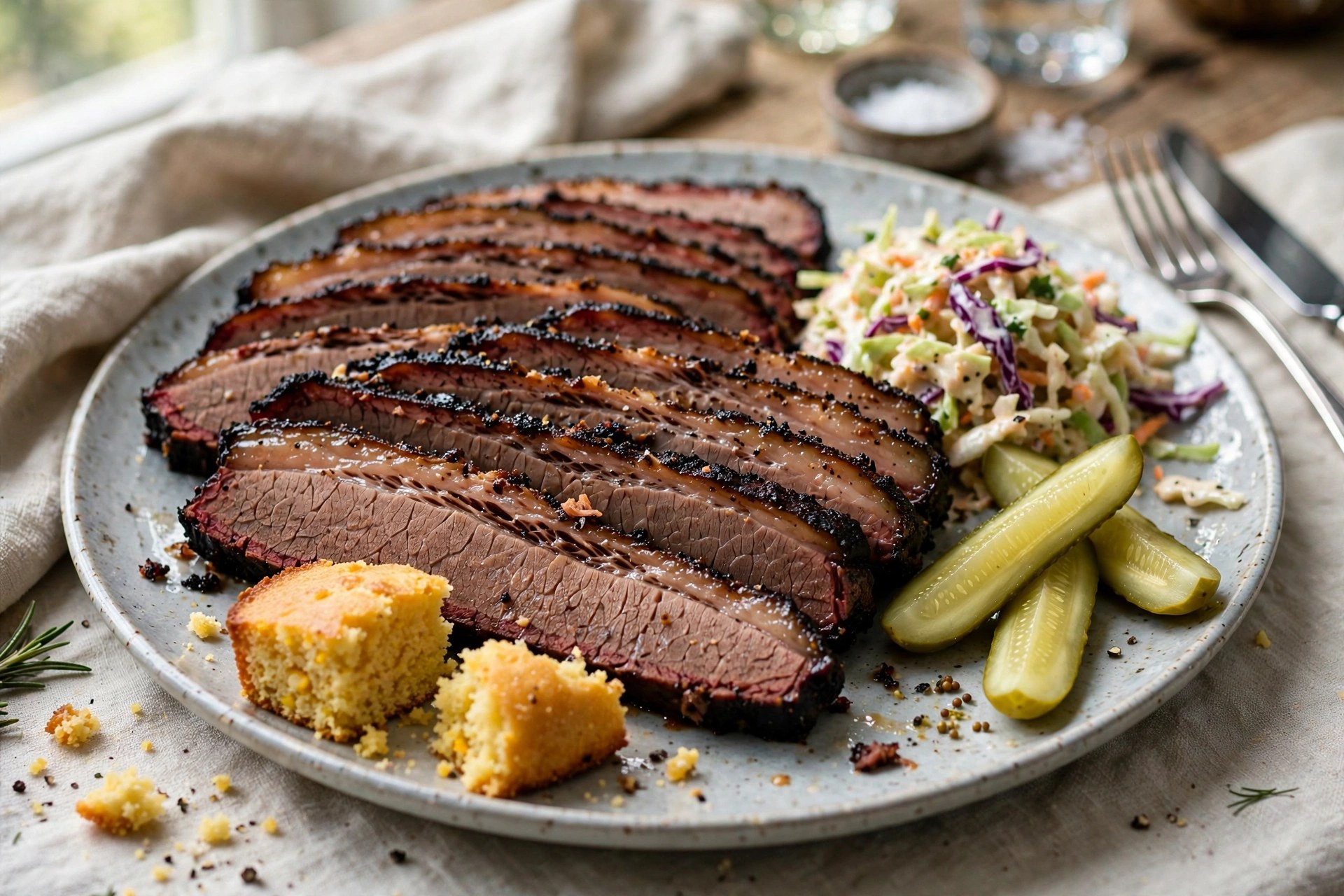 Platter of sliced smoked brisket with coleslaw, pickles, and cornbread