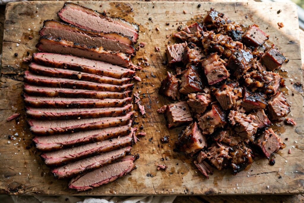 Side-by-side comparison of sliced smoked brisket flat and chopped smoked brisket point on a cutting board
