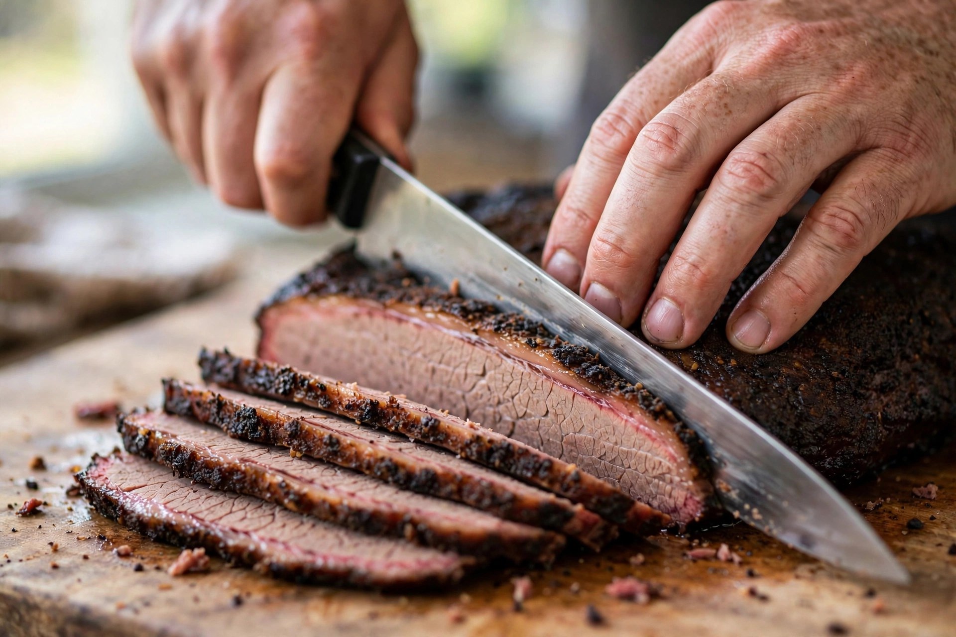 Slicing a smoked brisket flat against the grain with a long slicing knife