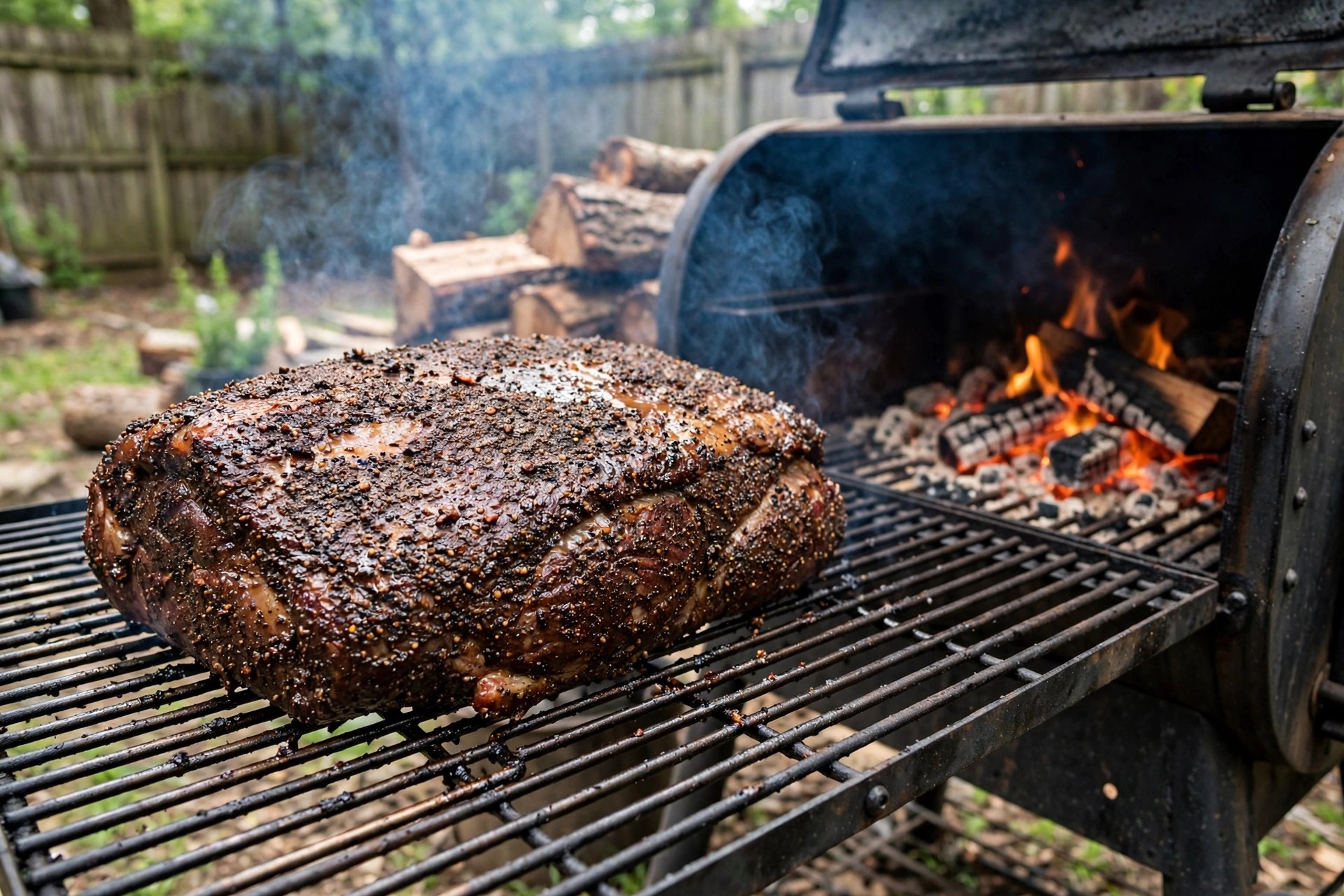 Brisket cooking on a smoker early in the cook with thin blue smoke rising