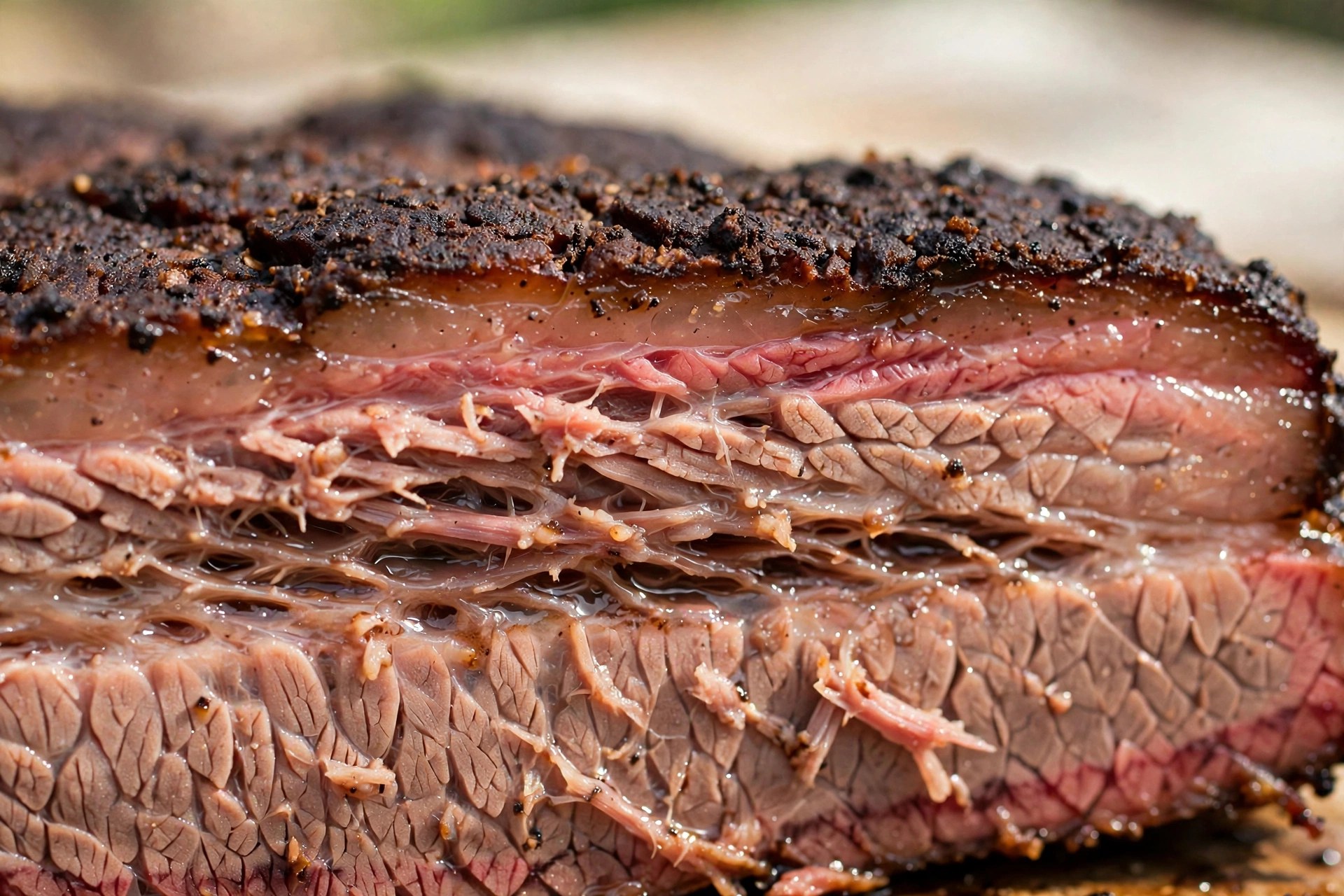 Close-up cross-section of a sliced brisket showing the pink smoke ring under the dark bark