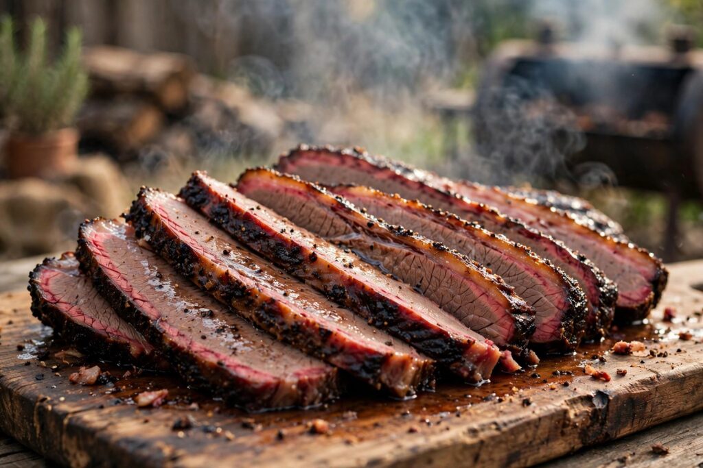 Sliced smoked brisket fanned on a cutting board showing the pink smoke ring under dark bark