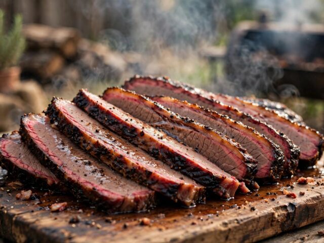 Sliced smoked brisket fanned on a cutting board showing the pink smoke ring under dark bark