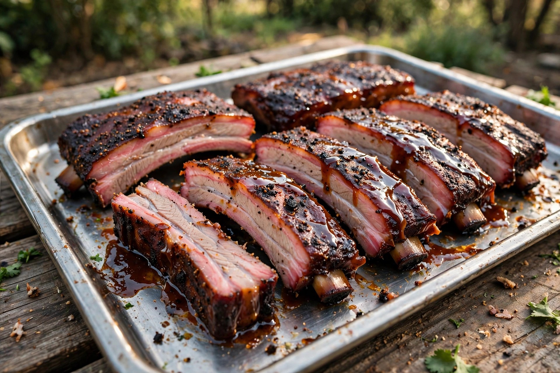 Sliced smoked pork ribs on a tray showing the pink smoke ring on the cut edges
