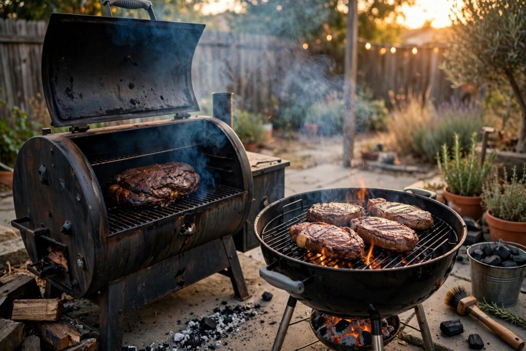 Offset smoker with brisket and thin blue smoke next to a charcoal grill searing steaks at sunset