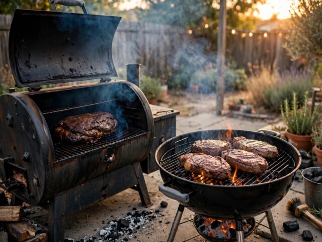 Offset smoker with brisket and thin blue smoke next to a charcoal grill searing steaks at sunset