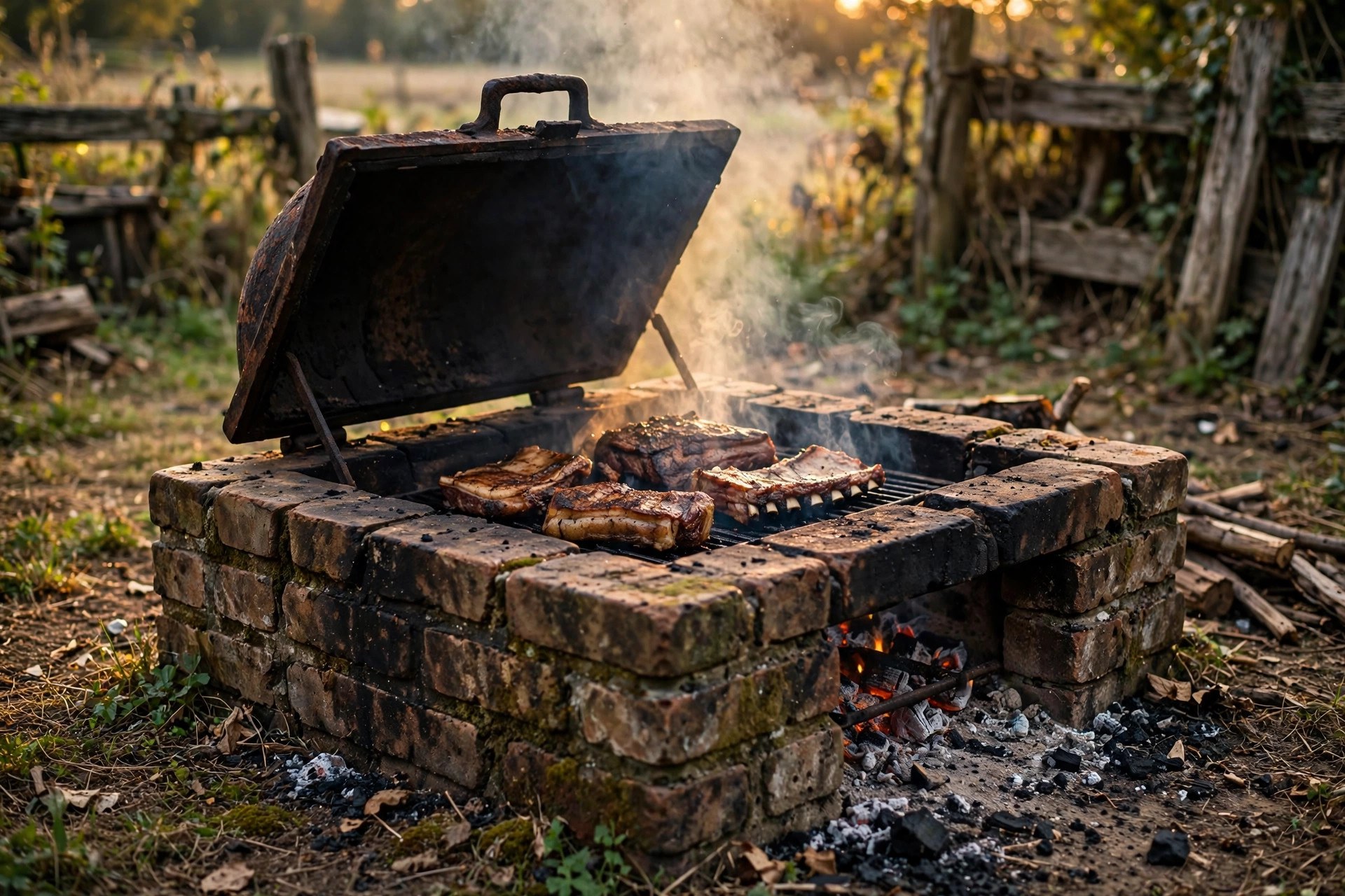 Traditional brick barbecue pit with smoke curling up at golden hour