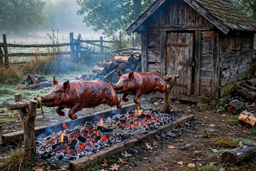 Whole hogs roasting on a spit over oak coals beside an old wooden smokehouse at sunrise