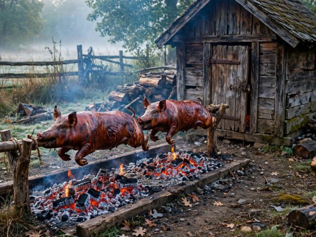 Whole hogs roasting on a spit over oak coals beside an old wooden smokehouse at sunrise