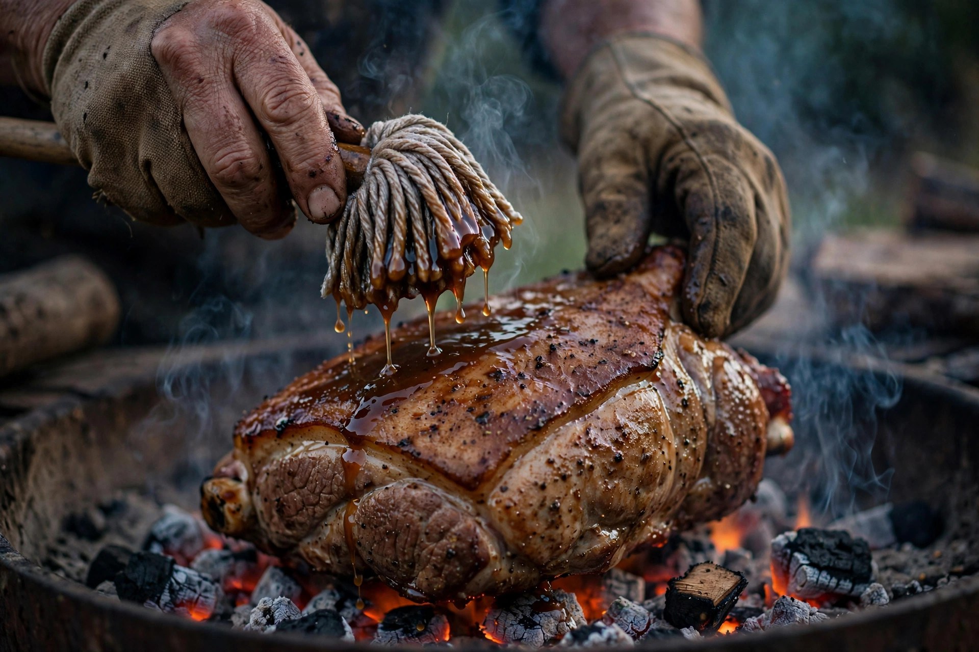 Hands mopping sauce onto a pork shoulder cooking over coals on an open pit