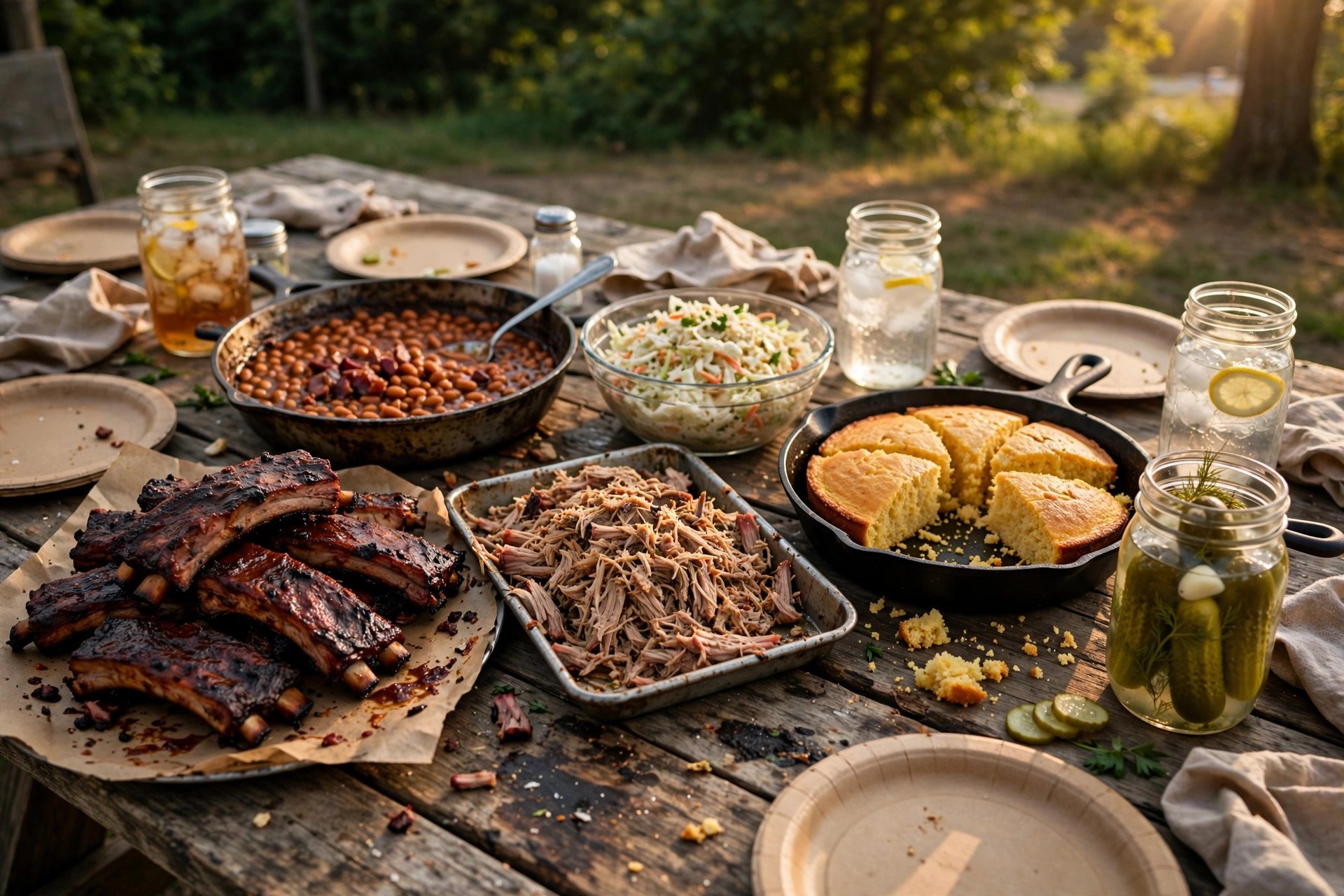 Rustic outdoor barbecue table with ribs, pulled pork, baked beans, coleslaw, cornbread and pickles