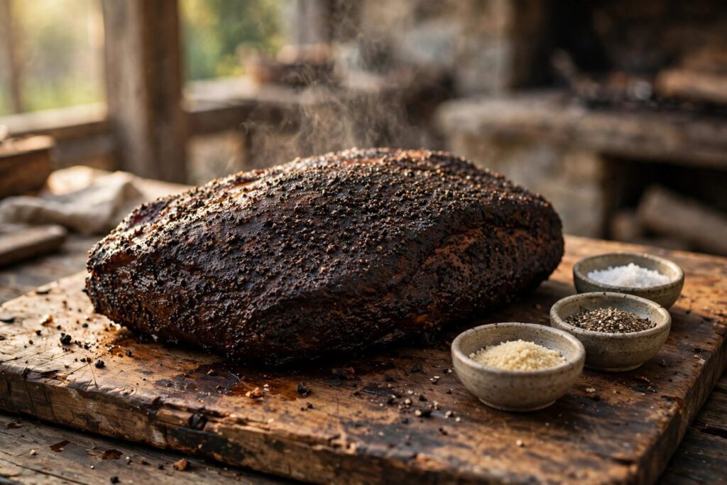 Smoked brisket with dark bark on a cutting board beside bowls of coarse salt, cracked pepper, and granulated garlic